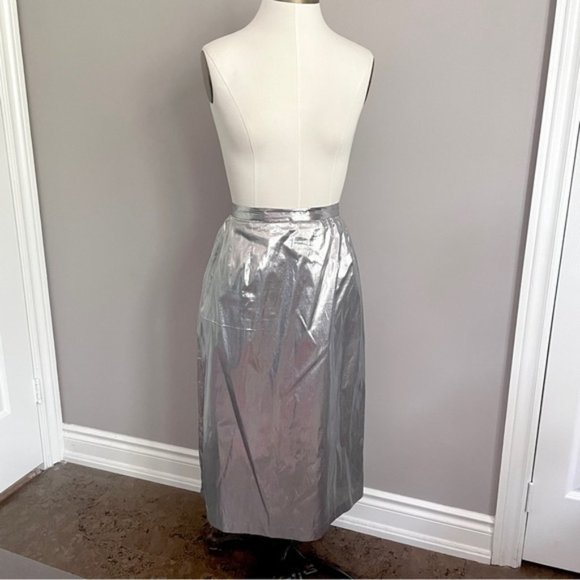 Vintage 70s Silver Metallic Tissue Lamé Lined Midi Party Skirt - M/28-29" - Picture 2 of 9